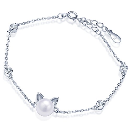 Yumilok Damen Armkette Armband mit 8mm Perle Kätzchen Katze Anhänger Charms 925 Sterling Silber Armschmuck für Damen Frauen Mädchen, 6.3-7.5" Verstellbar von Yumilok