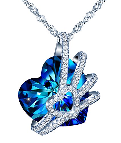 Yumilok 925 Sterling Silber Zirkonia Blau Kristall "Liebe-Herz" Anhänger Halskette Kette mit Anhänger für Damen Mädchen von Yumilok