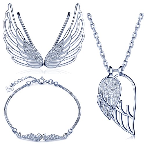 Yumilok 925 Sterling Silber Zirkonia Engelsflügel Halskette Charm-Armband Ohrklemme Schmuck Set Kette mit Anhänger Armkette Ohrringe Set für Damen Mädchen Yumilok 925 Sterling Silber Zirkonia Engelsflügel Halskette Charm-Armband Ohrklemme Schmuck Set Kette mit Anhänger Armkette Ohrringe Set für Damen Mädchen von Yumilok