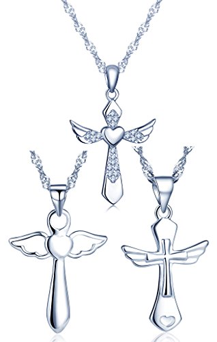 Yumilok 925 Sterling Silber Zirkonia Engelsflügel Herz Kreuz Anhänger Halskette Set Kette mit Anhänger für Damen Mädchen, 3 Stücke von Yumilok