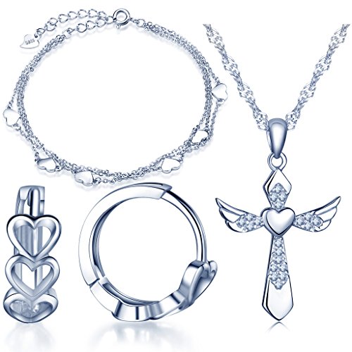 Yumilok 925 Sterling Silber Zirkonia Herzen Kreuz Halskette Charm-Armband Creolen Schmuck Set Kette mit Anhänger Armkette Ohrringe Set für Damen Mädchen von Yumilok