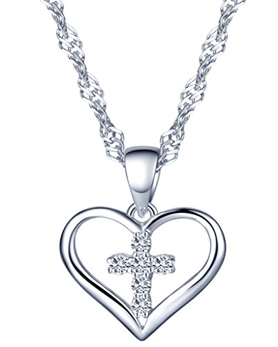 Yumilok 925 Sterling Silber Zirkonia Kreuz im Herz Anhänger Halskette Kettenanhänger für Damen Mädchen von Yumilok