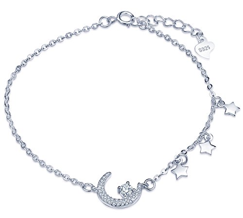 Yumilok Damen Armkette Charm-Armband mit Zirkonia Mond Sterne 925 Sterling Silber Verstellbar Armkettchen Armschmuck für Frauen Mädchen von Yumilok