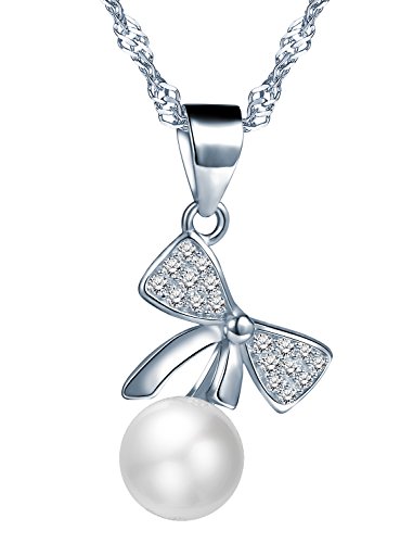 Yumilok 925 Sterling Silber Zirkonia Perle Schleife Anhänger Halskette Kette mit Anhänger für Damen Mädchen von Yumilok