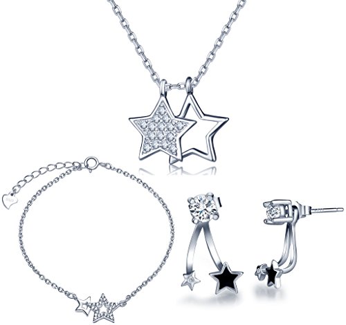Yumilok 925 Sterling Silber Zirkonia Sterne Halskette Charm-Armband Armkette Ohrstecker Schmuck Set Kette mit Anhänger Armkette Ohrringe Jackets Set für Damen Mädchen Yumilok 925 Sterling Silber Zirkonia Sterne Halskette Charm-Armband Armkette Ohrstecker Schmuck Set Kette mit Anhänger Armkette Ohrringe Jackets Set für Damen Mädchen von Yumilok