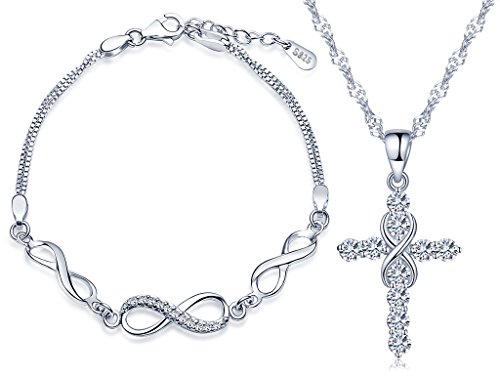Yumilok 925 Sterling Silber Zirkonia Unendlichkeit Symbol Kreuz Charm Armband Halskette Damen Schmuck Set Armkette & Kette mit Anhänger Set von Yumilok