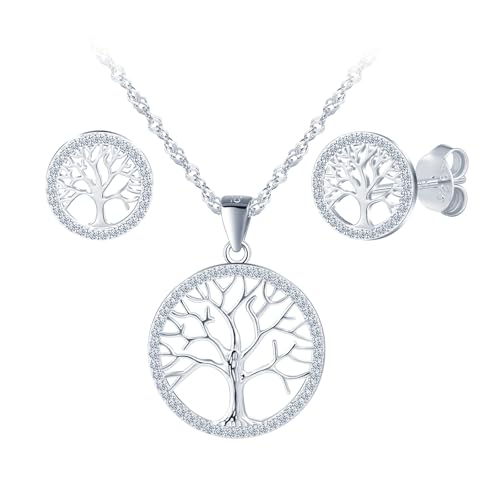 Yumilok 925 Sterling silber Damen-Halskette mit Kette 45 cm und Anhänger Baum des Lebens Ohrringe Damen Ohrstecker Set Zirkonia für Frauen Freundin Mädchen von Yumilok