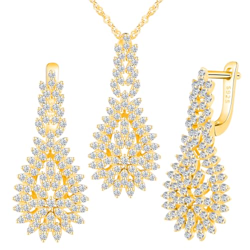 Yumilok Blatt Tropfen Micro Pave Cubic Zirconia Ohrringe Sterling Silber 925 Creolen Ohrstecker Ohrhänger für Frauen Damen Halskette Set Gold von Yumilok