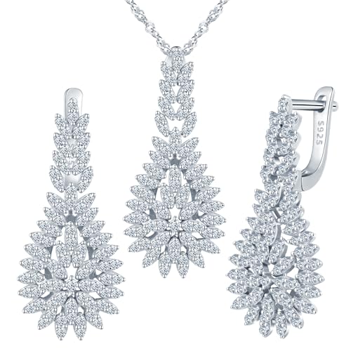 Yumilok Blatt Tropfen Zirkonia Creolen Ohrringe Damen Silber 925 Ohrhänger Damen Halskette mit Anhänger Hochzeit Schmuck Set von Yumilok