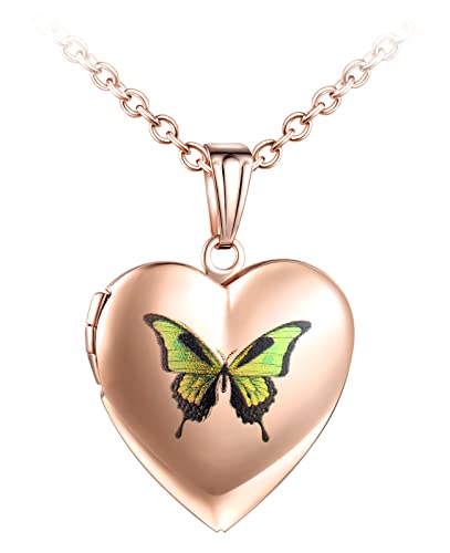 Yumilok Charms Medaillon Kette für Foto Bilder Gold Herz Anhänger Amulett zum Öffnen mit Schmetterling Muster Herzanhänger Halskette für Damen Mädchen von Yumilok