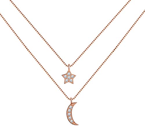 Yumilok Damen 925 Sterling Silber Zirkonia Zweireihige Halskette mit Mond Stern Anhänger Doppelkette Verstellbar Rosegold von Yumilok