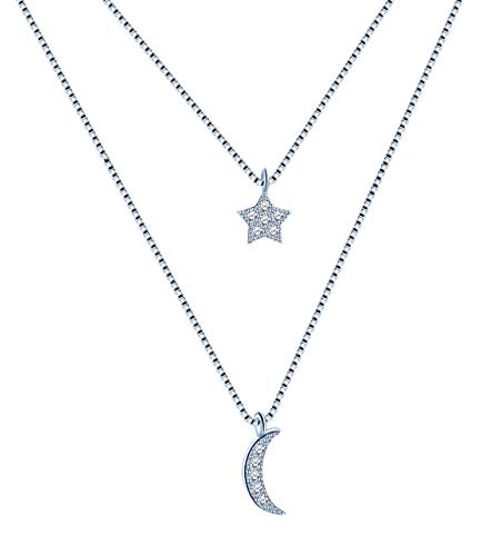 Yumilok Damen 925 Sterling Silber Zirkonia Zweireihige Halskette mit Mond Stern Anhänger Doppelkette Verstellbar Silber von Yumilok