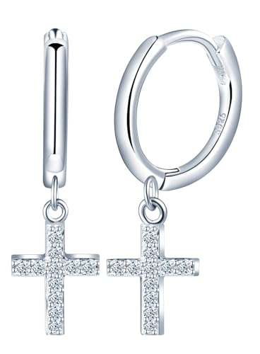 Yumilok Damen Creolen Ohrringe Kreuz Ohrstecker Kreuz Ohrhänger Zirkonia 925 Sterling Silber Ohrschmuck Hoop Huggie Piercing für Frauen Mädchen von Yumilok