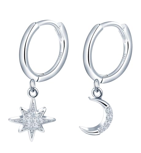 Yumilok Damen Creolen Ohrringe Silber 925 Damen Hypoallergen Creolen Hängend Asymmetrische Mond Stern Klein Creolen Ohrringe Für Damen Mädchen Kinder von Yumilok