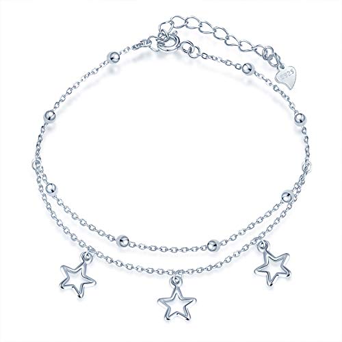 Yumilok Damen Fußkettchen mit Kugel Stern Anhänger Doppelkette 925 Sterling Silber Fußkette Strand Sandale Barfuß verstellbares für Mädchen mit Verschluss von Yumilok