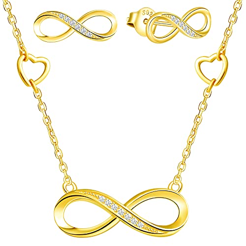 Yumilok Damen Halskette 925 Silber Unendlich Infinity Anhänger Kette Halsschmuck Ohrringe Ohrstecker Set für Frauen Gold von Yumilok