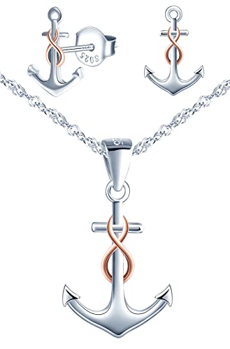 Yumilok Damen Halskette Damen Ohrringe 925 Sterling Silber Rosegold Forever Love Frauen Ohrstecker Anker mit Anhänger Schmuckset für Damen von Yumilok