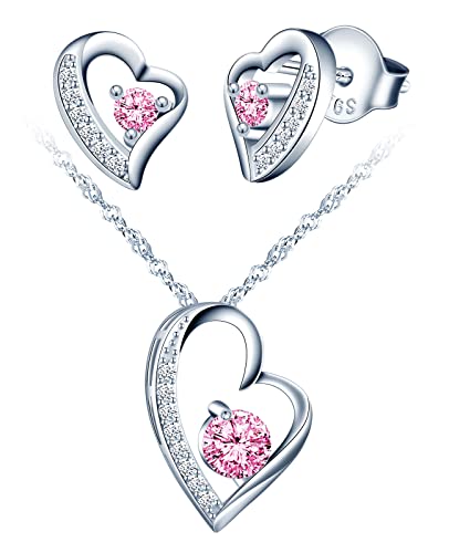 Yumilok Schmuckset Damen 925 Sterling Silber Halskette & Ohrringe Set, Herz Anhänger mit 45cm Kette & Ohrstecker mit Rose Zirkonia für Frau von Yumilok