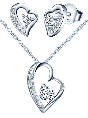 Yumilok Silber Schmuckset Damen, 925 Sterling Silber Halskette & Ohrringe Set, Herz Anhänger mit 45cm Kette & Ohrstecker mit Zirkonia für Mutter Frau Freundin von Yumilok