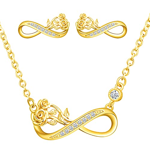 Yumilok Damen Halskette Kette Ohrringe Schmuck Set 925er Sterling Silber Infinity Rose Unendlichkeit Anhänger für Damen Mädchen Gold von Yumilok