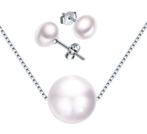 Yumilok Damen Halskette Kette mit Perlen Anhänger Ohrstecker Ohrringe Piercing Ohrhänger 925 Sterling Silber Box Kette Schmuck Set für Frauen Mädchen von Yumilok