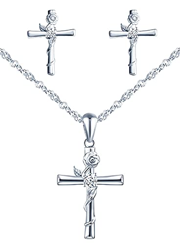 Yumilok Damen Halskette Ketten Ohrringe Schmuck Sets 925 Sterling Silber mit Kreuz Rose Anhänger für Damen Mädchen von Yumilok