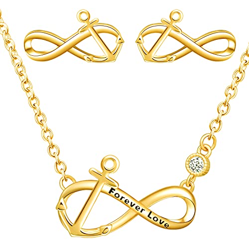 Yumilok Damen Halskette Ohrringe Ohrstecker Schmuck Set 925 Sterling Silber Infinity Unendlichkeit Anker Anhänger für Damen Kinder Gold von Yumilok