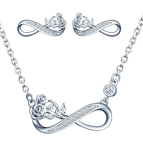 Yumilok Damen Halskette Ohrringe Ohrstecker Schmuck Set 925 Sterling Silber mit eine Rose Unendlichkeit Anhänger für Damen Kinder von Yumilok