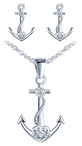 Yumilok Damen Halskette Ohrringe Ohrstecker Schmuck Set 925er Sterling Silber mit Herz Anker Anhänger für Damen Frauen von Yumilok