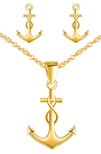 Yumilok Damen Halskette Ohrringe Ohrstecker Schmuck Set 925er Sterling Silber mit Unendlichkeit Anker Anhänger für Damen Mädchen Gold von Yumilok