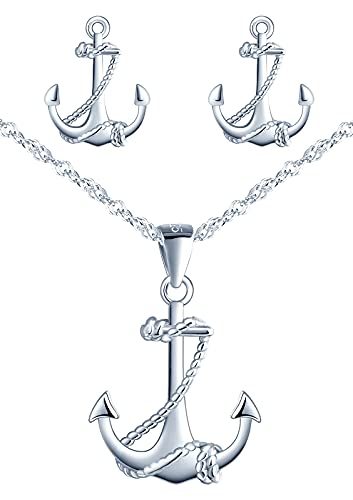 Yumilok Damen Halskette Ohrringe Ohrstecker Schmuck Sets 925 Sterling Silber mit Anker Anhänger für Damen Mädchen von Yumilok