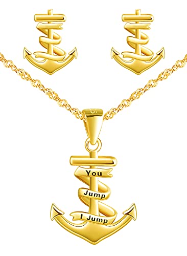 Yumilok Damen Halskette Ohrringe Schmuck Set 925 Sterling Silber Liebe Anker Anhänger You Jump I Jump für Damen Kinder Gold von Yumilok