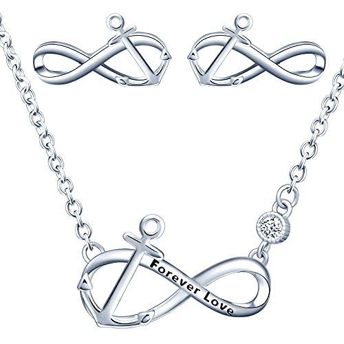 Yumilok Damen Halskette Ohrringe Schmuck Set 925er Sterling Silber mit Infinity Symbol Unendlichkeit Anker Anhänger für Damen Mädchen von Yumilok