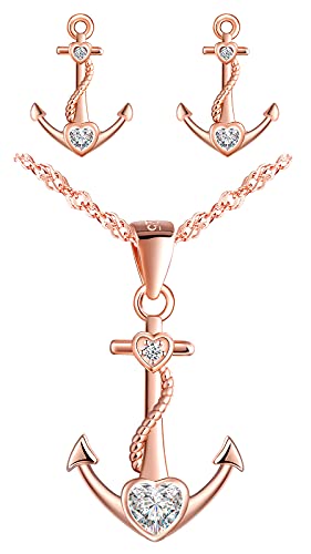 Yumilok Damen Halskette Ohrringe Schmuck Sets 925 Sterling Silber mit Herz Anker Anhänger für Damen Mädchen Roségold von Yumilok