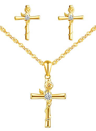 Yumilok Damen Halskette Ohrringe Stecker Schmuckset 925 SterlingSilber Kreuz Rose Anhänger für Damen Kinder Gold von Yumilok