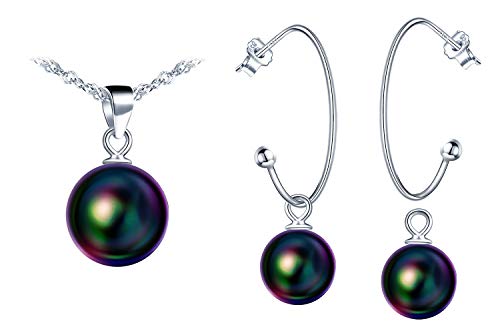 Yumilok Damen Halskette Perlenkette Damen Ohrstecker Silber-Kette Perle Perlenohrstecker Perlenschmuck Brautschmuck Schmuck sets für Frauen Schwarz von Yumilok