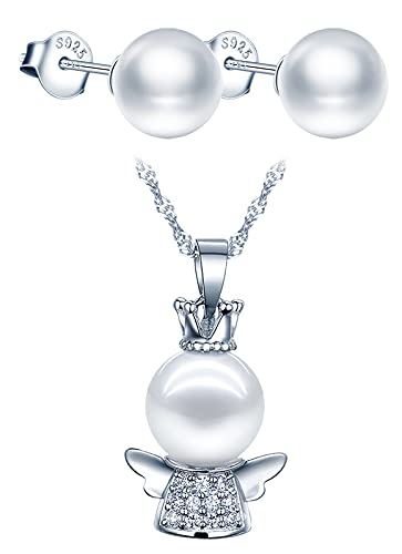 Yumilok Damen Halskette mit Anhänger Damen Ohrringe Perle Ohrstecker Schutzengel Schmuckset für Frauen Mädchen Hypoallergen 925 silber Weiß Yumilok Damen Halskette mit Anhänger Damen Ohrringe Perle Ohrstecker Schutzengel Schmuckset für Frauen Mädchen Hypoallergen 925 silber Weiß von Yumilok