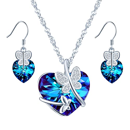 Yumilok Damen-Halskette mit Anhänger Kette Damen Ohrstecker Set Herz Herz Kristall Zirkonia Schmuckset Herz Kristall Schmetterling für Damen Mädchen von Yumilok