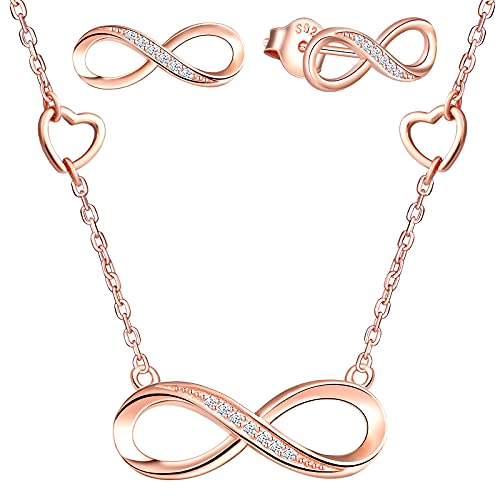 Yumilok Damen Halskette mit Anhänger Unendlichkeit Infinity Herz eleganter Halsschmuck Damen Ohrringe Ohrstecker Geschenk-Set für Frauen Rosegold von Yumilok