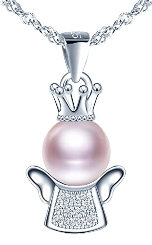 Yumilok Damen Halskette mit Süßwasser-Zuchtperle und Zirkonia Anhänger Engel Schutzengel Halsketten in 925 Sterling Silber Rose für Frauen von Yumilok