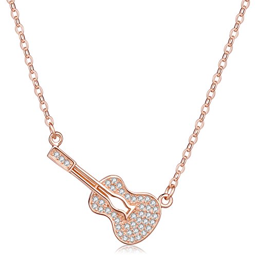 Yumilok Damen Halskette mit Zirkonia Gitarre Anhänger Mädchen Kette Roségold aus 925 Sterling Silber Gitarrenkette für Frauen von Yumilok