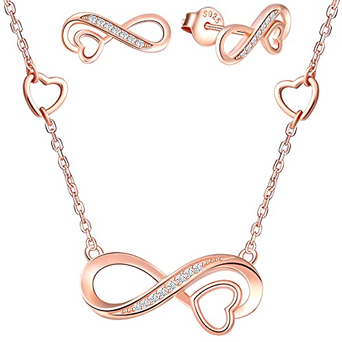 Yumilok Damen Kette Damenhalskette mit Infinity-Symbol Unendlichkeit Herz Anhänger 925 Silber Damen Ohrringe Ohrstecker Set für Frauen von Yumilok