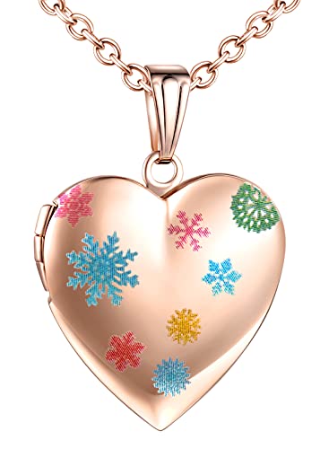 Yumilok Damen Kette Medaillon Kette Foto Schneeflocke Halskette Photo Medaillon Herz Amulett Anhänger Edelstahl Schmuck für Mädchen Roségold von Yumilok