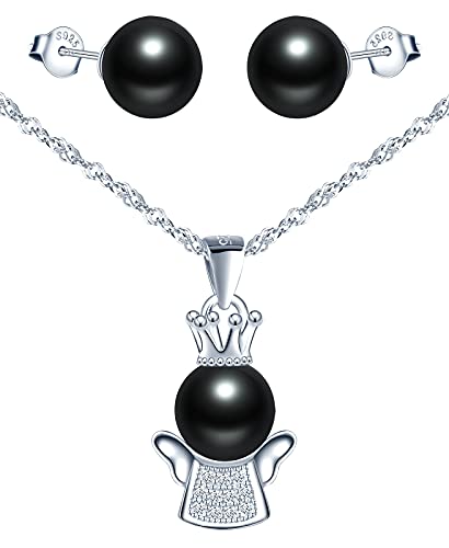 Yumilok Damen Kette Schmuck set Ohrringe und Halskette 925 Sterling Silber Engel Perle Ohrstecker Partyschmuck für Frauen Mädchen Schwarz von Yumilok