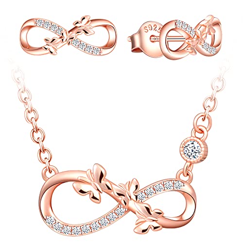 Yumilok Damen Kette aus 925 Sterling Silber Damen Halskette mit Unendlichkeit Anhänger Zirkonia Schmetterling Set Damen Ohrstecker Ohrringe für Frauen Rosegold von Yumilok