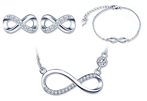 Yumilok Damen-Ketten Damen Halskette Armkette Damen-Ohrstecker mit Anhänger Infinity Unendlichkeit Symbol in 925 Sterling Silber Schmuck Sets für Frauen Mädchen von Yumilok