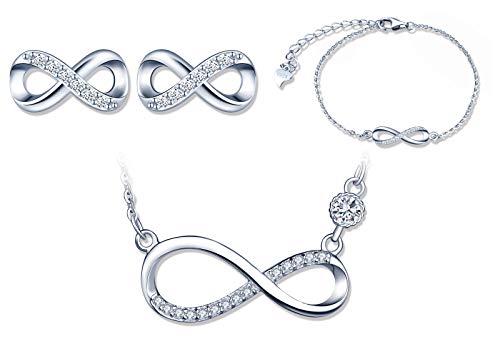 925 Silber Schmuckset Unendlichkeitssymbol Halskette Armband und Ohrringe Unendlichkeitssymbol Zirkonia Inlay Schmuck für Frauen Mädchen Weihnachten Geburtstag Geschenk Silber, Sterling-Silber, von Yumilok