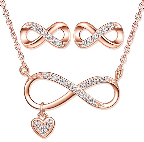 Yumilok Damen Halskette Kette Damen-Ohrstecker mit Infinity Unendlichkeit Anhänger Herz 925 Sterling Silber Roségold Schmuck Sets für Frauen Mädchen von Yumilok