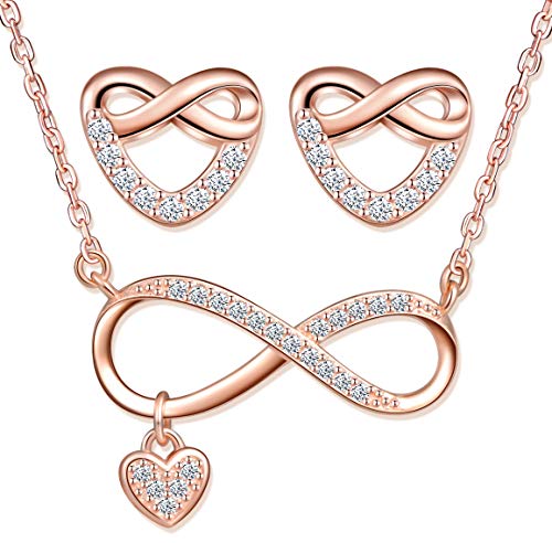 Yumilok Damen-Ketten Damen Halskette Damen-Ohrstecker mit Anhänger Infinity Unendlichkeit Symbol Herz in 925 Sterling Silber Roségold Schmuck Sets für Frauen Mädchen von Yumilok