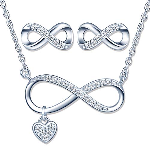 Yumilok Damen-Ketten Damen Halskette Damen-Ohrstecker mit Anhänger Infinity Unendlichkeit Symbol Herz in 925 Sterling Silber Schmuck Sets für Frauen Mädchen von Yumilok